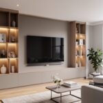 Moderní obývací pokoj s minimalistickou TV stěnou, velkou obrazovkou a dřevěnými akcenty