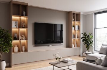 Moderní obývací pokoj s minimalistickou TV stěnou, velkou obrazovkou a dřevěnými akcenty