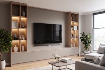 Moderní obývací pokoj s minimalistickou TV stěnou, velkou obrazovkou a dřevěnými akcenty