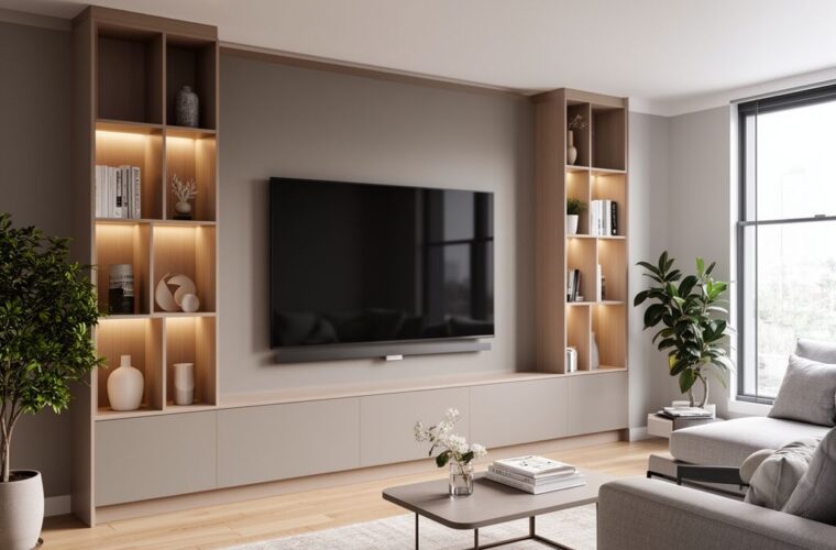 Moderní obývací pokoj s minimalistickou TV stěnou, velkou obrazovkou a dřevěnými akcenty