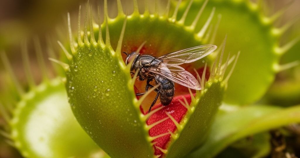 Detailní makro fotografie masožravé rostliny mucholapky s lapajícím hmyzem v přírodním prostředí