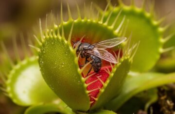 Detailní makro fotografie masožravé rostliny mucholapky s lapajícím hmyzem v přírodním prostředí