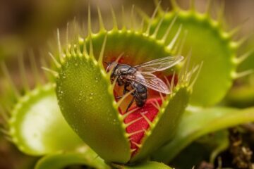 Detailní makro fotografie masožravé rostliny mucholapky s lapajícím hmyzem v přírodním prostředí