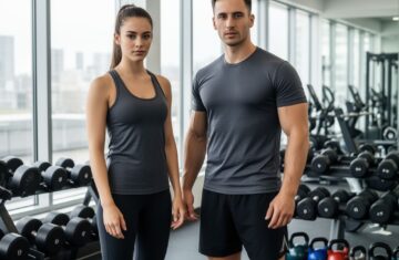 Mladý muž a žena v posilovně u činek v sportovním oblečení na trénink síly.