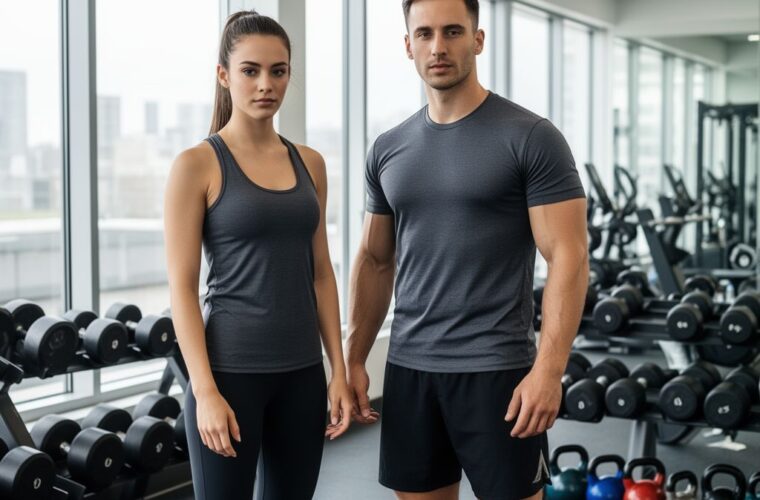 Mladý muž a žena v posilovně u činek v sportovním oblečení na trénink síly.