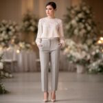 Stylová žena v elegantním svatebním prostředí v kalhotách a haleně s krajkou, minimalistické šperky.