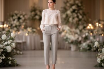 Stylová žena v elegantním svatebním prostředí v kalhotách a haleně s krajkou, minimalistické šperky.