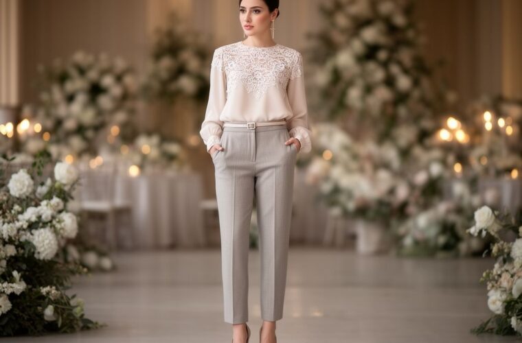 Stylová žena v elegantním svatebním prostředí v kalhotách a haleně s krajkou, minimalistické šperky.