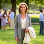 Žena na setkání po 30 letech stojí v parku v elegantním oblečení, usmívá se, pozadí lidé socializují.