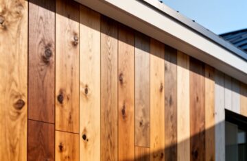 Detailní pohled na moderní dřevěný obklad domu s různými texturami a barvami za denního světla