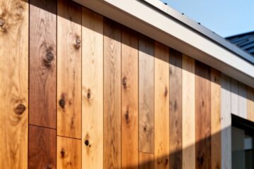 Detailní pohled na moderní dřevěný obklad domu s různými texturami a barvami za denního světla