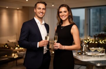 Muž a žena v elegantním oblečení na firemní párty v moderním salonu s vánoční výzdobou.