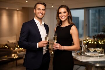 Muž a žena v elegantním oblečení na firemní párty v moderním salonu s vánoční výzdobou.