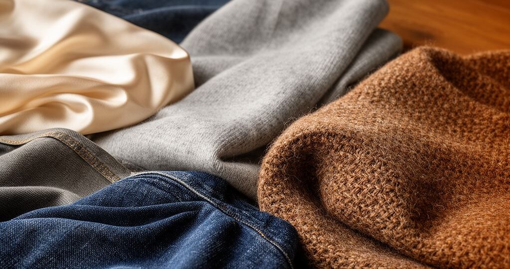 Různé tkaniny jako hedvábí, denim, bavlna, samet a vlna na dřevěném povrchu s přirozeným osvětlením