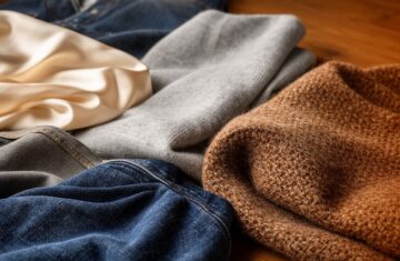 Různé tkaniny jako hedvábí, denim, bavlna, samet a vlna na dřevěném povrchu s přirozeným osvětlením