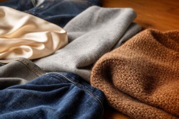 Různé tkaniny jako hedvábí, denim, bavlna, samet a vlna na dřevěném povrchu s přirozeným osvětlením