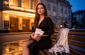 Elegantní žena před divadlem za soumraku s programem, šálou a brýlemi na lavičce