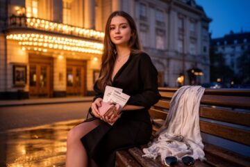 Elegantní žena před divadlem za soumraku s programem, šálou a brýlemi na lavičce
