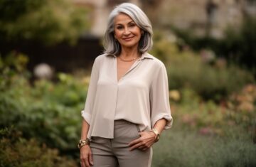 Stylová 50letá žena venku v elegantním oblečení s přirozeným úsměvem na rozostřeném městském pozadí