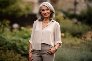 Stylová 50letá žena venku v elegantním oblečení s přirozeným úsměvem na rozostřeném městském pozadí