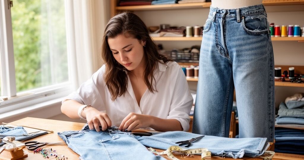 Mladá žena sedí u šicího stolu a šije volné rifle z denimu v světlé dílně s nářadím kolem.