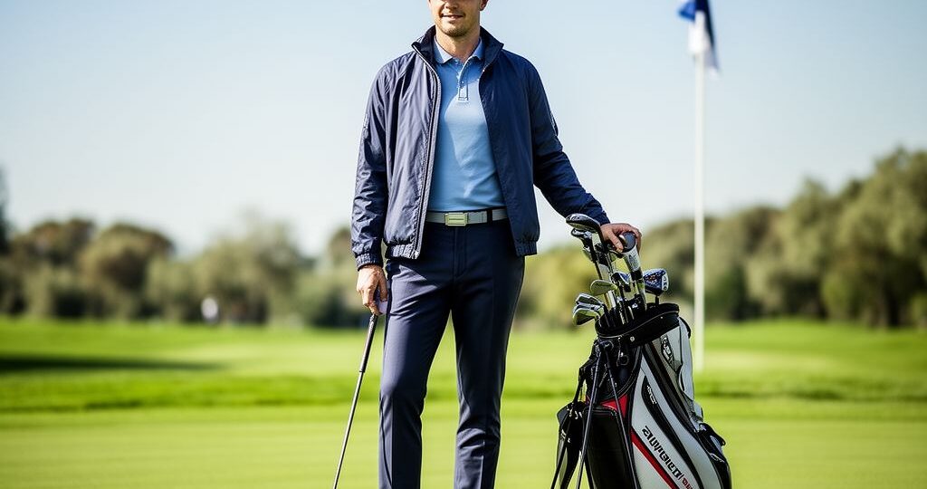 Stylový golfista stojící na trávníku s golfovou holí a taškou za jasného dne