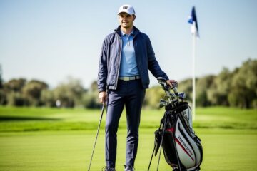 Stylový golfista stojící na trávníku s golfovou holí a taškou za jasného dne