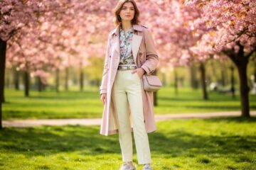 Mladá žena v jarním parku s vrstveným outfitem v pastelových barvách a kvetoucími sakurami v pozadí