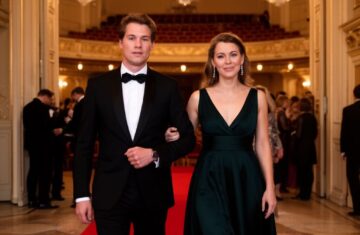 Elegantní pár vstupuje do filharmonie s červeným kobercem, okolí lidé v oblecích a večerních šatech
