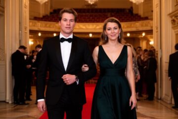 Elegantní pár vstupuje do filharmonie s červeným kobercem, okolí lidé v oblecích a večerních šatech
