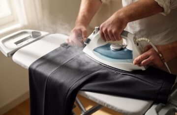 Muž žehlí tmavé formální kalhoty na moderní žehlící prkně v dobře osvětlené místnosti