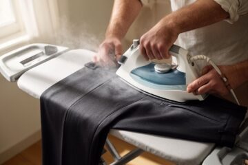 Muž žehlí tmavé formální kalhoty na moderní žehlící prkně v dobře osvětlené místnosti