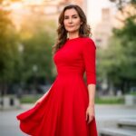 Žena v červených šatech stojí v parku s rozmazaným pozadím a teplým světlem večera