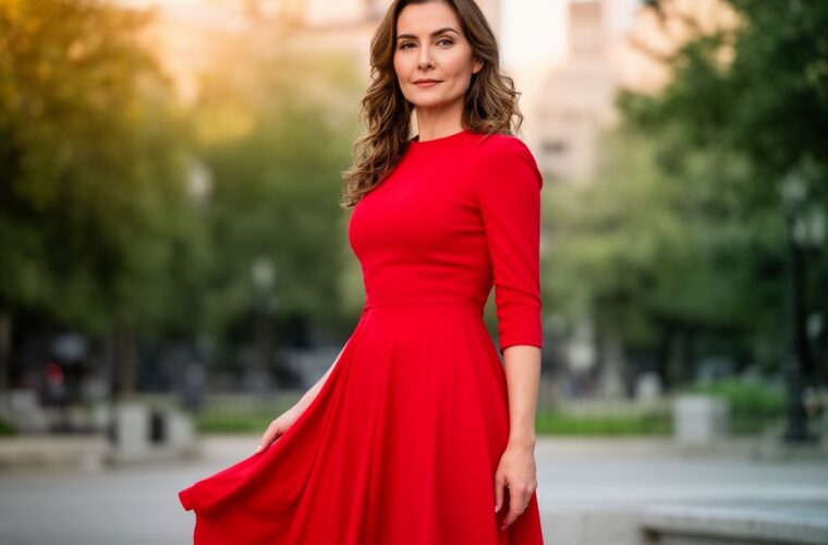 Žena v červených šatech stojí v parku s rozmazaným pozadím a teplým světlem večera