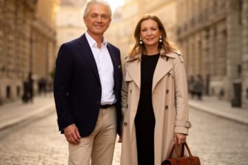 Zralý pár v elegantním oblečení na kamenné ulici v evropském městě při zlaté hodině.