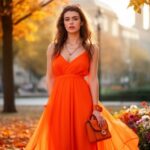 Mladá žena v oranžových šatech stojí venku mezi podzimním listím a květinami během zlaté hodiny