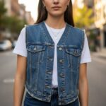 Mladá žena v džínové vestě stojí na městské ulici s rozmazaným pozadím a přirozeným světlem