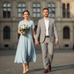 Módní pár na civilním obřadu drží se za ruce před radnicí v městském prostředí.